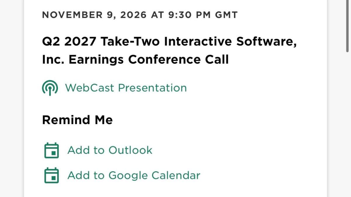 Take-Two Interactive earnings conference schedule for November 9, 2026